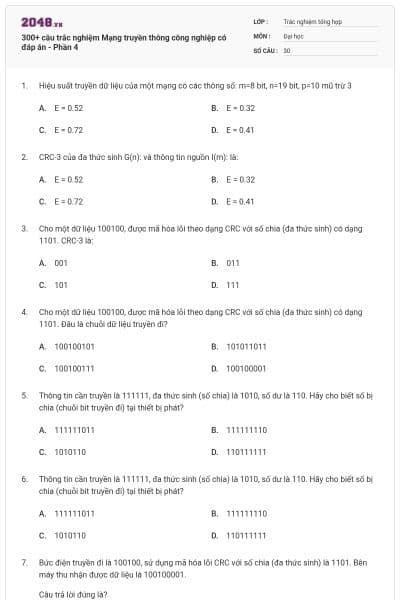 300+ câu trắc nghiệm Mạng truyền thông công nghiệp có đáp án - Phần 4