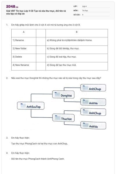 Giải VBT Tin học Lớp 4 CD Tạo và xóa thư mục, đổi tên và xóa tệp có đáp án