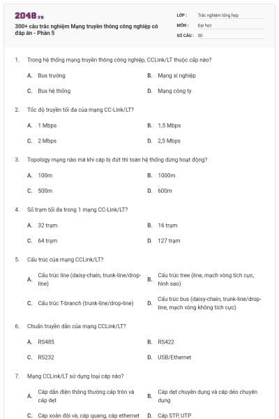 300+ câu trắc nghiệm Mạng truyền thông công nghiệp có đáp án - Phần 5