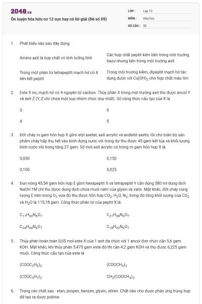 Ôn luyện hóa hữu cơ 12 cực hay có lời giải (Đề số 09)