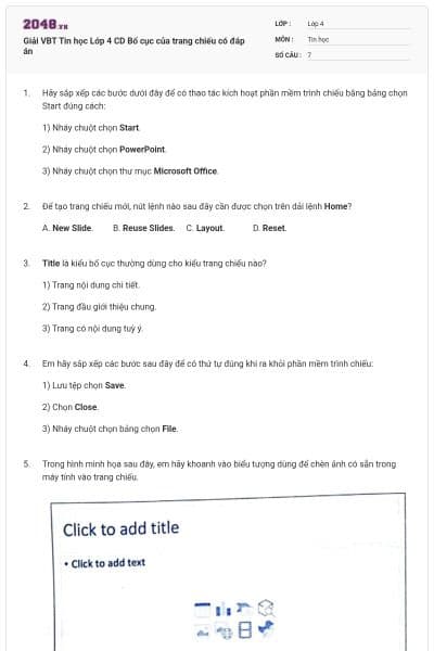 Giải VBT Tin học Lớp 4 CD Bố cục của trang chiếu có đáp án