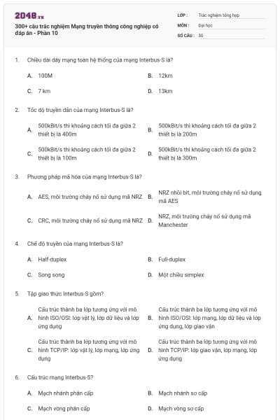 300+ câu trắc nghiệm Mạng truyền thông công nghiệp có đáp án - Phần 10