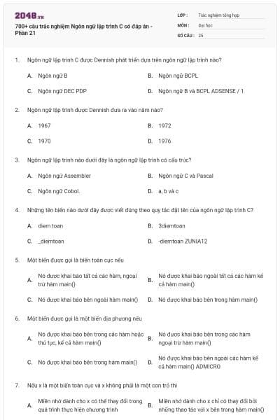 700+ câu trắc nghiệm Ngôn ngữ lập trình C có đáp án - Phần 21