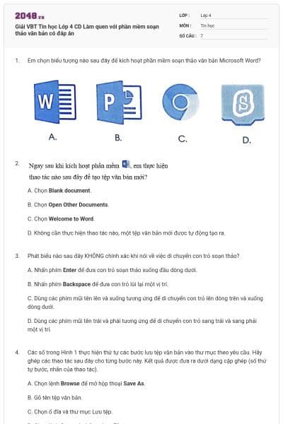 Giải VBT Tin học Lớp 4 CD Làm quen với phần mềm soạn thảo văn bản có đáp án