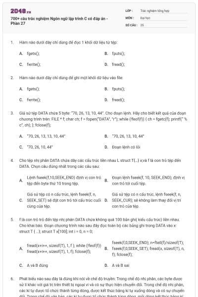 700+ câu trắc nghiệm Ngôn ngữ lập trình C có đáp án - Phần 27