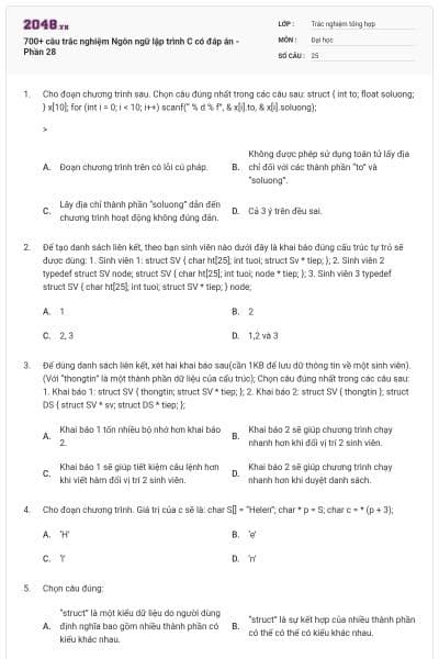 700+ câu trắc nghiệm Ngôn ngữ lập trình C có đáp án - Phần 28