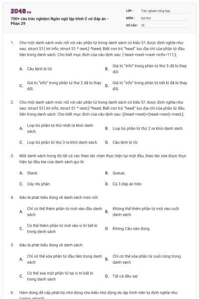 700+ câu trắc nghiệm Ngôn ngữ lập trình C có đáp án - Phần 29