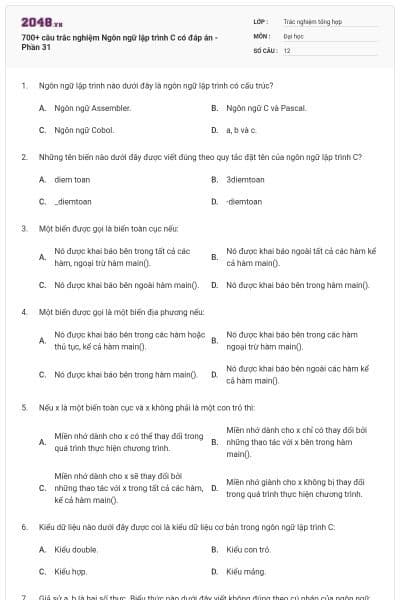 700+ câu trắc nghiệm Ngôn ngữ lập trình C có đáp án - Phần 31