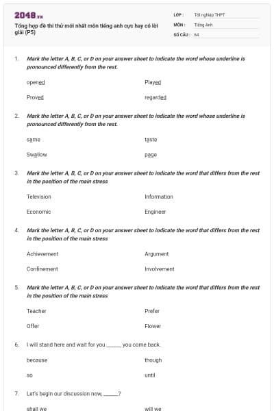 Tổng hợp đề thi thử mới nhất môn tiếng anh cực hay có lời giải (P5)