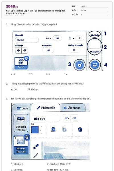 Giải VBT Tin học Lớp 4 CD Tạo chương trình có phông nền thay đổi có đáp án