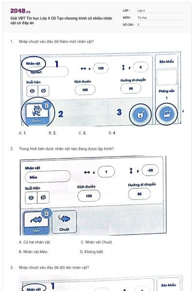 Giải VBT Tin học Lớp 4 CD Tạo chương trình có nhiều nhân vật có đáp án