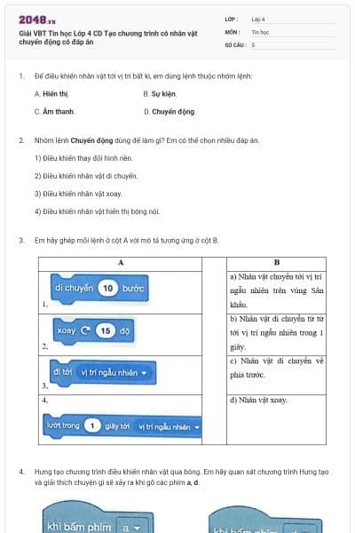Giải VBT Tin học Lớp 4 CD Tạo chương trình có nhân vật chuyển động có đáp án