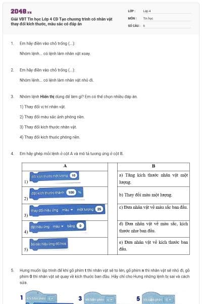 Giải VBT Tin học Lớp 4 CD Tạo chương trình có nhân vật thay đổi kích thước, màu sắc có đáp án