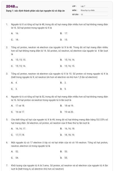 Dạng 1: xác định thành phần cấu tạo nguyên tử có đáp án