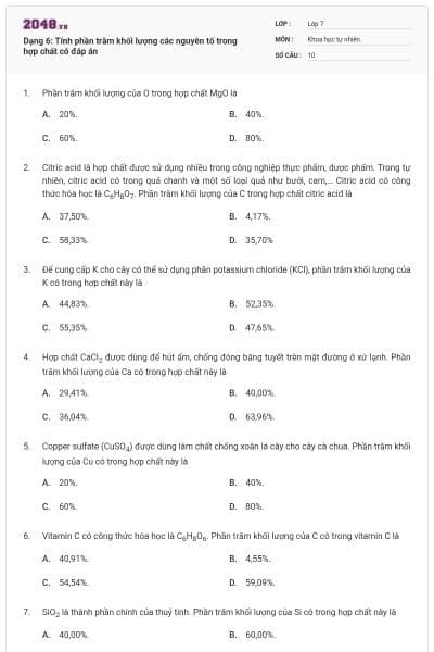 Dạng 6: Tính phần trăm khối lượng các nguyên tố trong hợp chất có đáp án