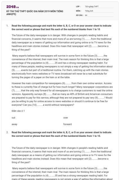 KỲ THI THỬ THPT QUỐC GIA NĂM 2019 MÔN TIẾNG ANH(P5)