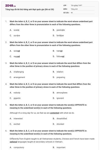 Tổng hợp đề thi thử tiếng anh thpt quốc gia (Đề số 30)