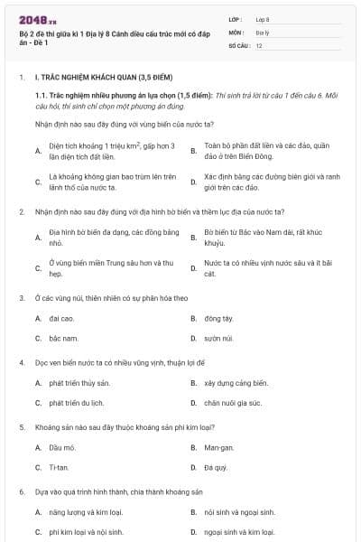 Bộ 2 đề thi giữa kì 1 Địa lý 8 Cánh diều cấu trúc mới có đáp án - Đề 1