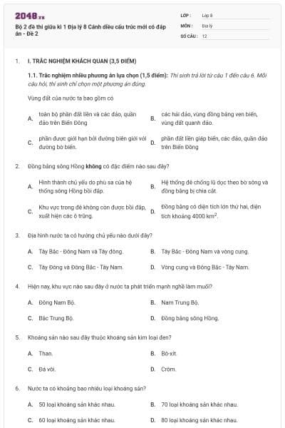 Bộ 2 đề thi giữa kì 1 Địa lý 8 Cánh diều cấu trúc mới có đáp án - Đề 2