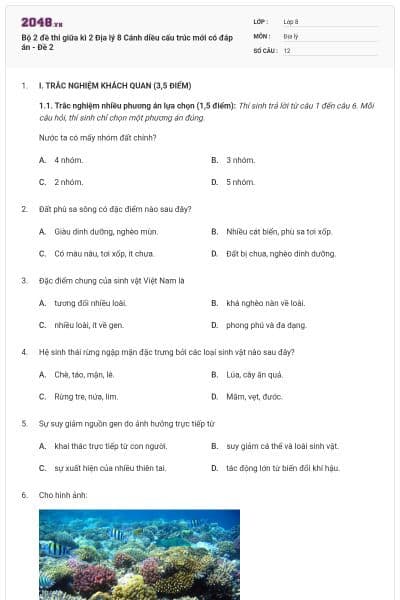 Bộ 2 đề thi giữa kì 2 Địa lý 8 Cánh diều cấu trúc mới có đáp án - Đề 2