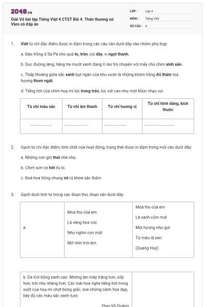 Giải Vở bài tập Tiếng Việt 4 CTST Bài 4. Thân thương xứ Vàm có đáp án