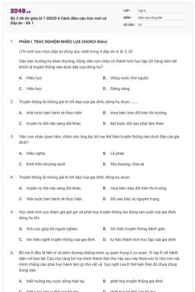 Bộ 2 đề thi giữa kì 1 GDCD 6 Cánh diều cấu trúc mới có đáp án - Đề 1