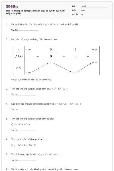 (Trả lời ngắn) 34 bài tập Tính đơn diệu và cực trị của hàm số (có lời giải)