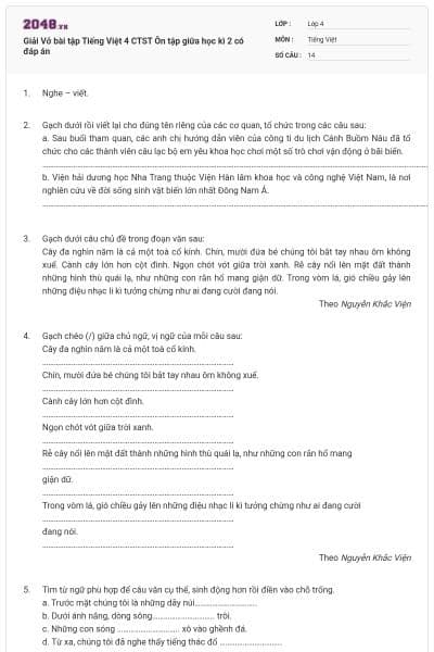 Giải Vở bài tập Tiếng Việt 4 CTST Ôn tập giữa học kì 2 có đáp án