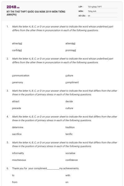 KỲ THI THỬ THPT QUỐC GIA NĂM 2019 MÔN TIẾNG ANH(P6)
