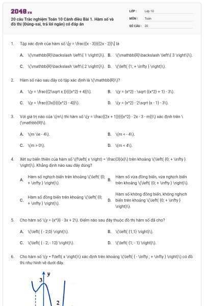 20 câu Trắc nghiệm Toán 10 Cánh diều Bài 1. Hàm số và đồ thị (Đúng-sai, trả lời ngắn) có đáp án