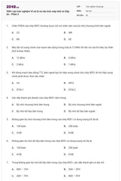 500+ câu trắc nghiệm Vi xử lý và cấu trúc máy tính có đáp án - Phần 3