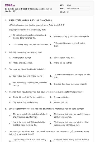 Bộ 2 đề thi cuối kì 1 GDCD 6 Cánh diều cấu trúc mới có đáp án - Đề 1