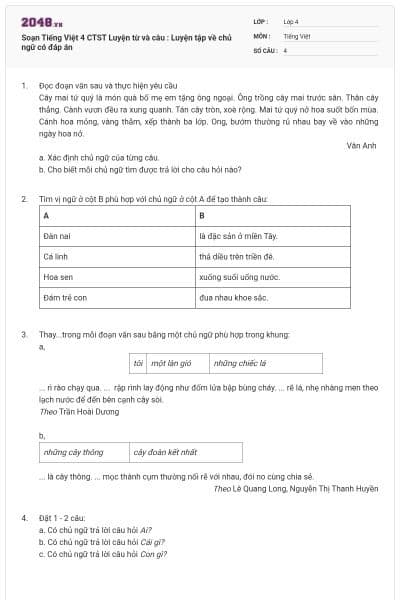 Soạn Tiếng Việt 4 CTST Luyện từ và câu : Luyện tập về chủ ngữ có đáp án