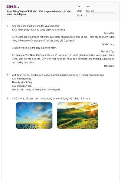 Soạn Tiếng Việt 4 CTST Viết : Viết đoạn mở bài cho bài văn miêu tả có đáp án