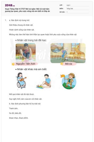 Soạn Tiếng Việt 4 CTST Nói và nghe :Nói về một tấm gương lạc quan, yêu cuộc sống mà em biết có đáp án