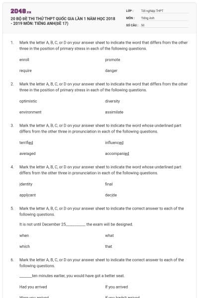 20 BỘ ĐỀ THI THỬ THPT QUỐC GIA LẦN 1 NĂM HỌC 2018 - 2019 MÔN: TIẾNG ANH(ĐỀ 17)