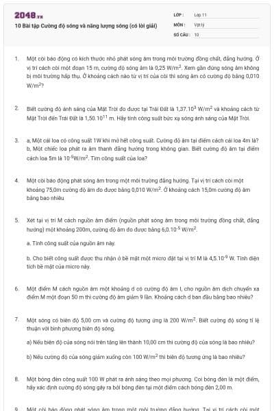 10 Bài tập Cường độ sóng và năng lượng sóng (có lời giải)