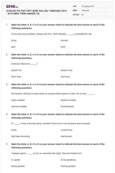 20 BỘ ĐỀ THI THỬ THPT QUỐC GIA LẦN 1 NĂM HỌC 2018 - 2019 MÔN: TIẾNG ANH(ĐỀ 18)