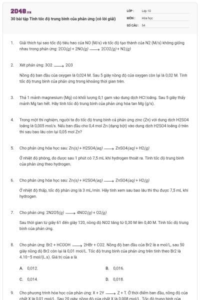 30 bài tập Tính tốc độ trung bình của phản ứng (có lời giải)