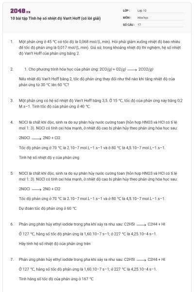 10 bài tập Tính hệ số nhiệt độ Van't Hoff (có lời giải)