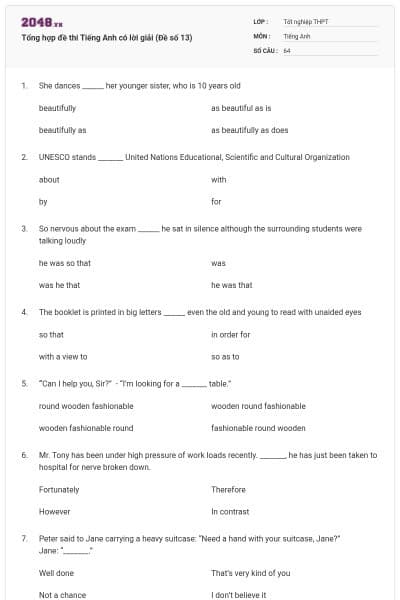 Tổng hợp đề thi Tiếng Anh có lời giải (Đề số 13)