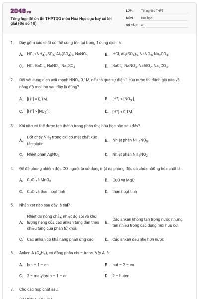 Tổng hợp đề ôn thi THPTQG môn Hóa Học cực hay có lời giải (Đề số 10)