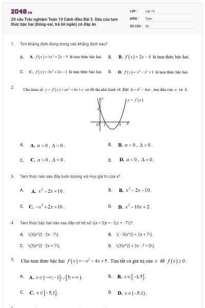 20 câu Trắc nghiệm Toán 10 Cánh diều Bài 3. Dấu của tam thức bậc hai (Đúng-sai, trả lời ngắn) có đáp án