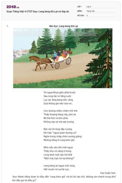 Soạn Tiếng Việt 4 CTST Đọc: Leng keng Đà Lạt có đáp án