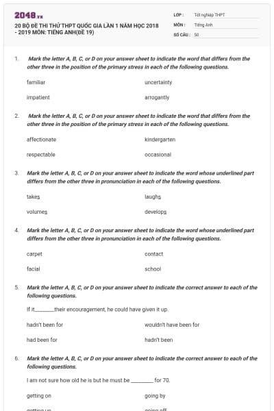 20 BỘ ĐỀ THI THỬ THPT QUỐC GIA LẦN 1 NĂM HỌC 2018 - 2019 MÔN: TIẾNG ANH(ĐỀ 19)