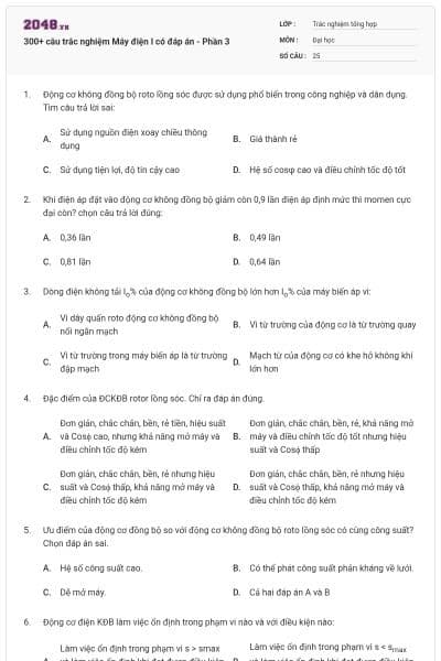 300+ câu trắc nghiệm Máy điện I có đáp án - Phần 3