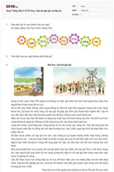 Soạn Tiếng Việt 4 CTST Đọc: Cậu bé gặt gió có đáp án