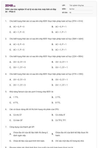 500+ câu trắc nghiệm Vi xử lý và cấu trúc máy tính có đáp án - Phần 6