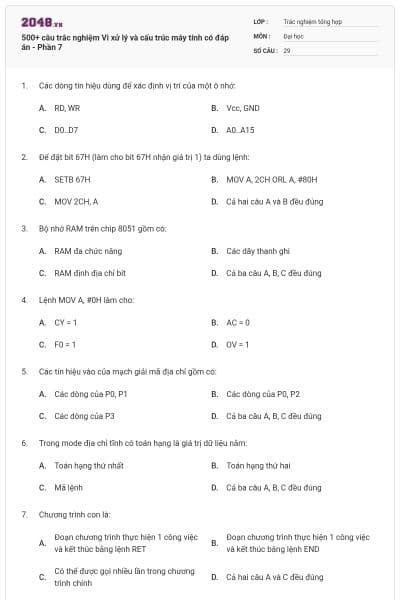 500+ câu trắc nghiệm Vi xử lý và cấu trúc máy tính có đáp án - Phần 7