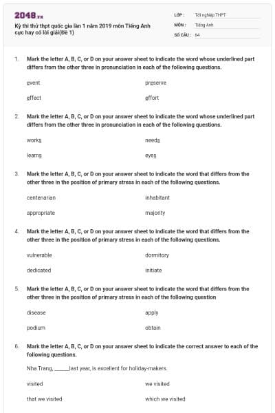 Kỳ thi thử thpt quốc gia lần 1 năm 2019 môn Tiếng Anh cực hay có lời giải(Đề 1)